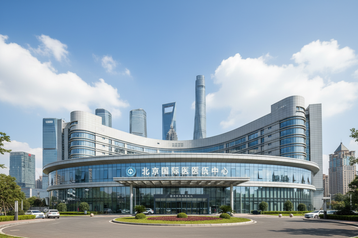 Modern Chinese hospital exterior with city skyline