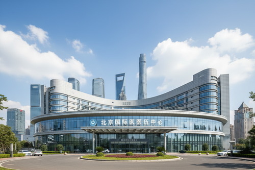 Modern Chinese hospital exterior with city skyline